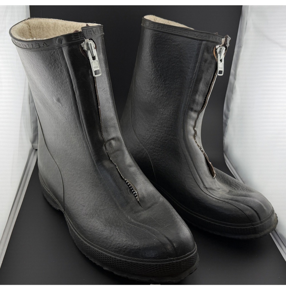 Servus Rubber: Black Zip Front Rain Boots, Fleece Lined Made in USA, Mens 9